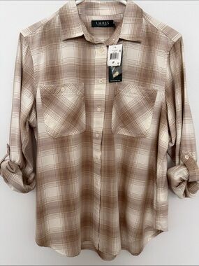 Lauren Ralph Lauren Tan Plaid Casual Button-Down Shirt